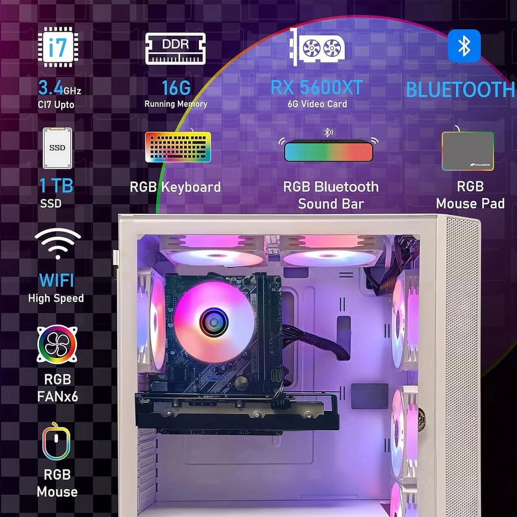 Gaming Desktop PC, Intel Core i7 3.4G up to 3.9G, 16G RAM, 1T SSD, Radeon RX 5600 XT 6G GDDR6, 600M WiFi, BT 5.0, RGB Fan x 6, W10H64 G47005
