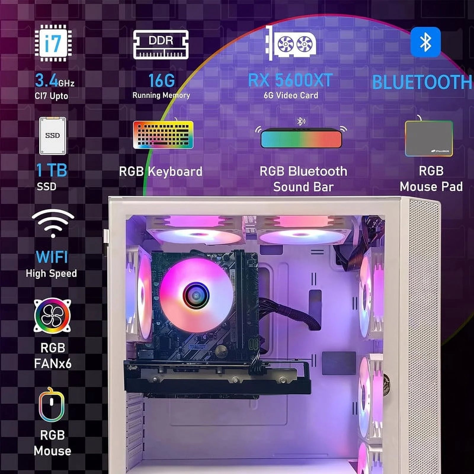 Gaming Desktop PC, Intel Core i7 3.4G up to 3.9G, 16G RAM, 1T SSD, Radeon RX 5600 XT 6G GDDR6, 600M WiFi, BT 5.0, RGB Fan x 6, W10H64 G47005