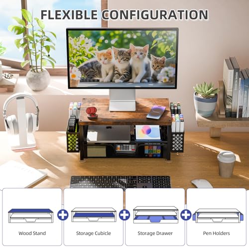 2 Tier Metal Monitor Stand with Drawer and Pen Holder, Black U498144