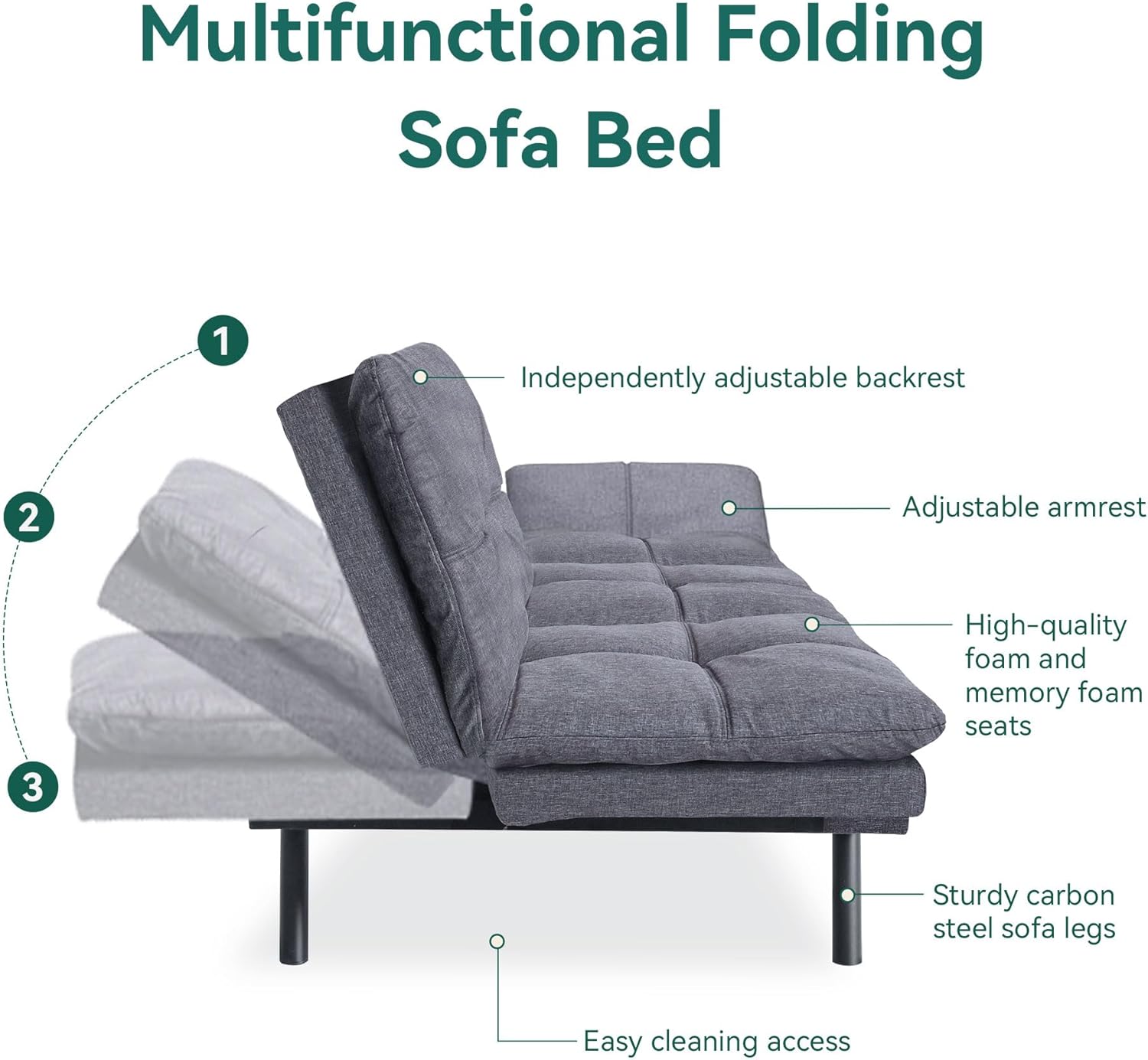 Gray Memory Foam Convertible Sofa Bed C545