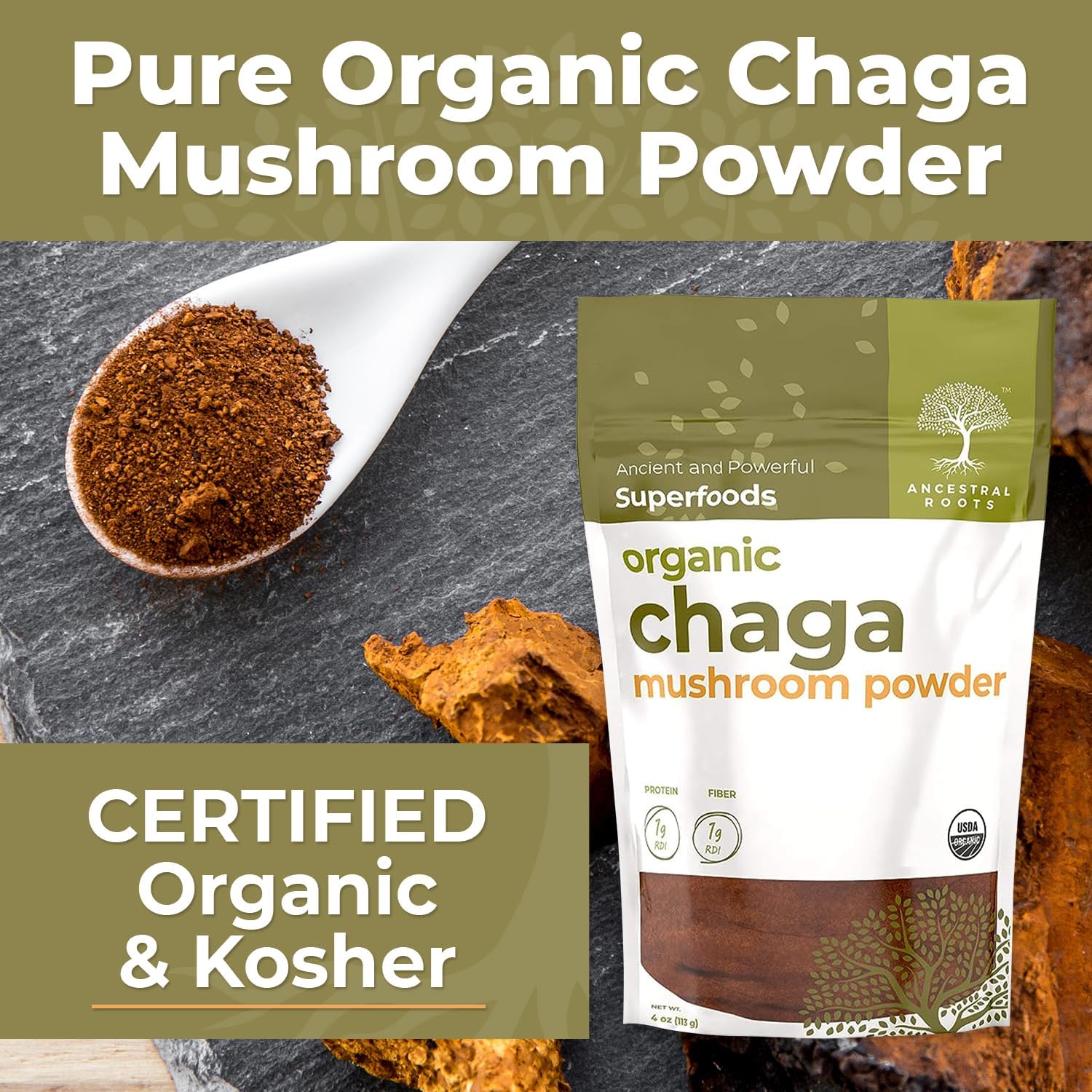 Organic Chaga Mushroom Powder, 4 oz, USDA Organic M201