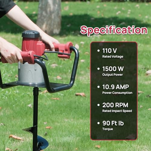 1500W Electric Post Hole Digger with 8" Digging Auger and Extension Rods G2908