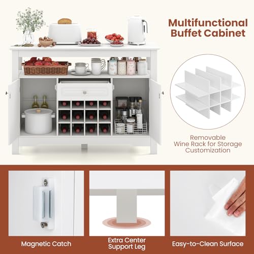 White Bar Cabinet with 12-Bottle Removable Wine Rack, 2 Doors & Drawer S925