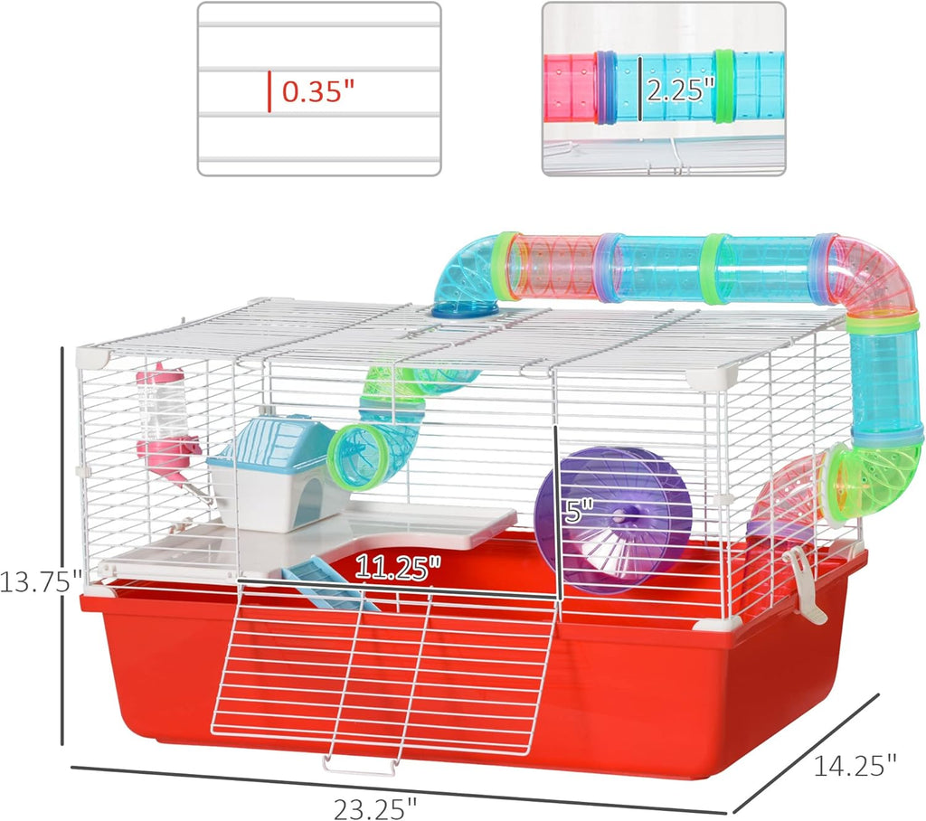 Large 2-Level Steel Hamster Cage with Tubes and Tunnels, Includes Exercise Wheel, Water Bottle, Food Dish, 23" x 14" x 14", Red I723