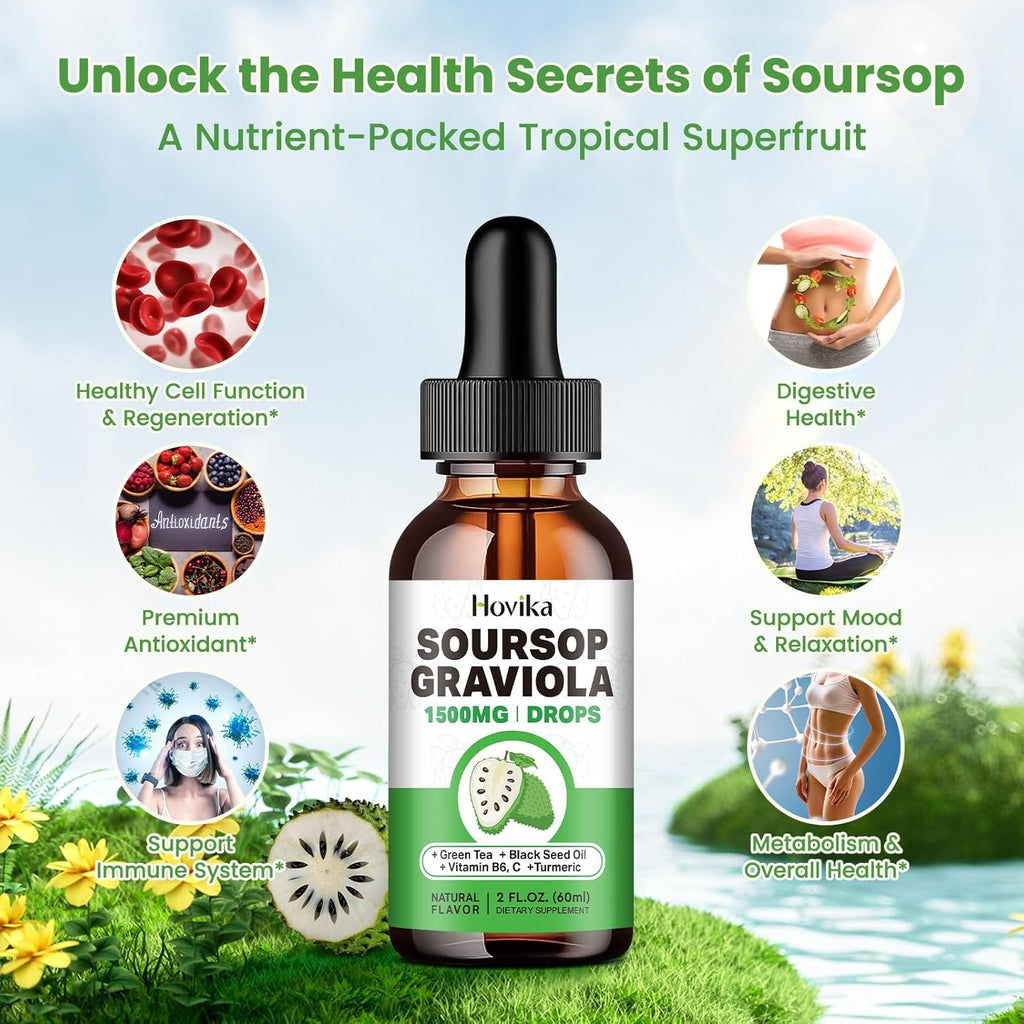 Soursop Graviola Liquid Drops 1500mg with Green Tea, Black Seed Oil, Turmeric, Natural-B Flavor 2 Fl Oz U188513