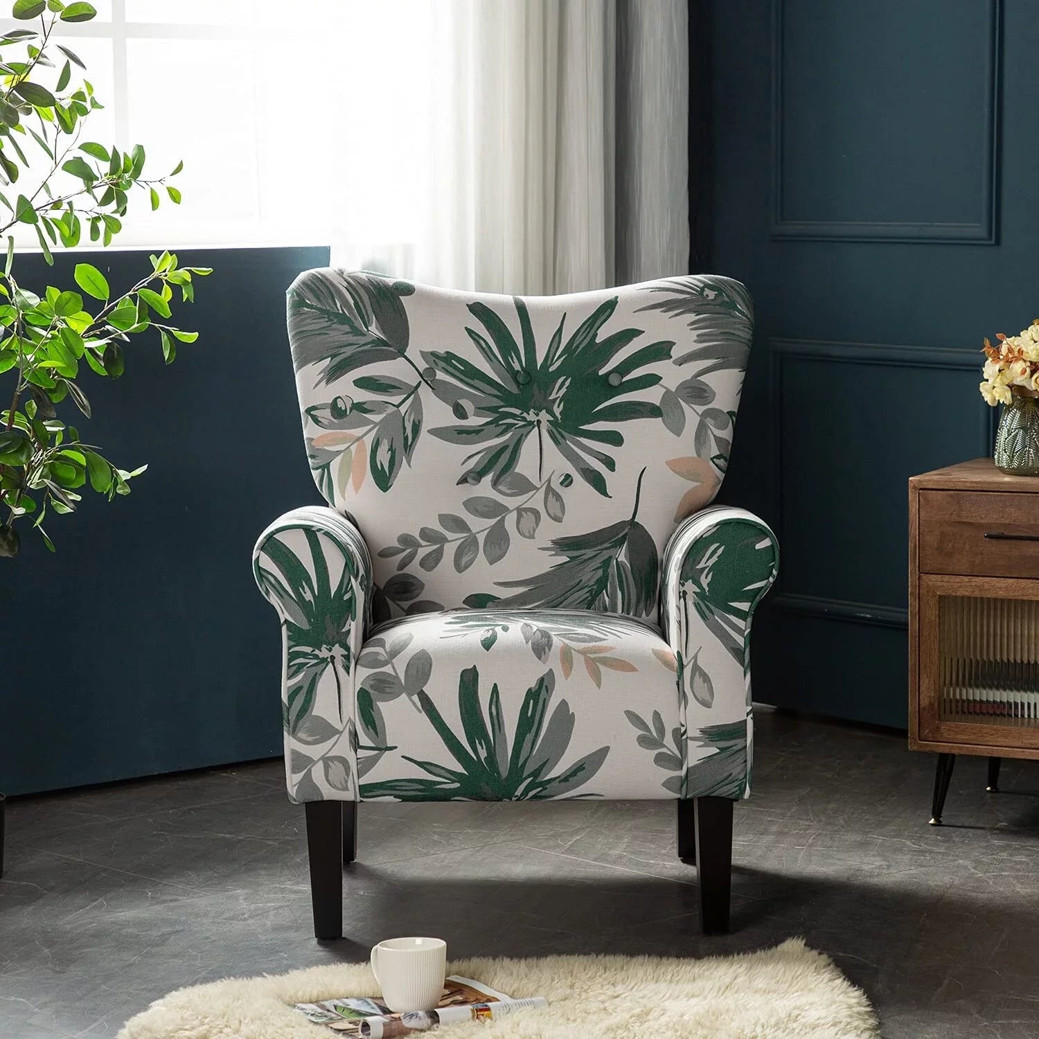 Green Floral Upholstered Fabric Wing Back Arm Chair with Wood Legs N117413