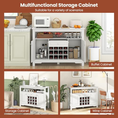 White Bar Cabinet with 12-Bottle Removable Wine Rack, 2 Doors & Drawer S925