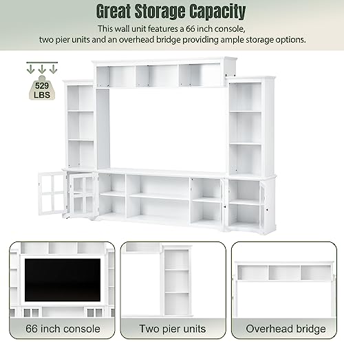 White 104" Wide Entertainment Wall Unit with Storage Cabinets and Shelves D66026