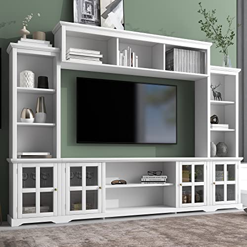White 104" Wide Entertainment Wall Unit with Storage Cabinets and Shelves D66026