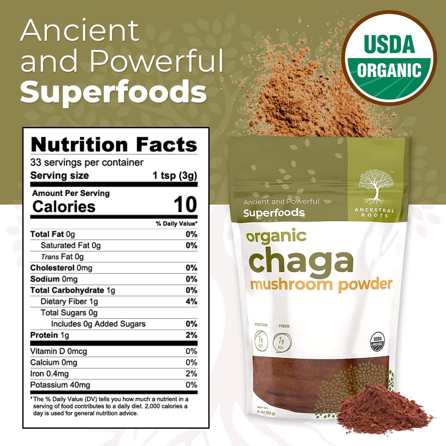 Organic Chaga Mushroom Powder, 4 oz, USDA Organic M201