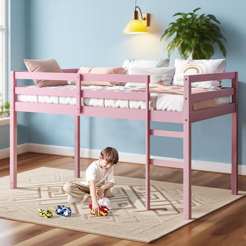 Twin Size Solid Wood Loft Bed Frame with Ladder and Safety Guardrail (White) P903