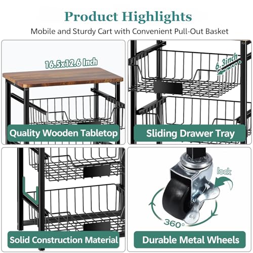 4-Tier Rolling Storage Cart with Pull-Out Baskets and Wood Top K927079