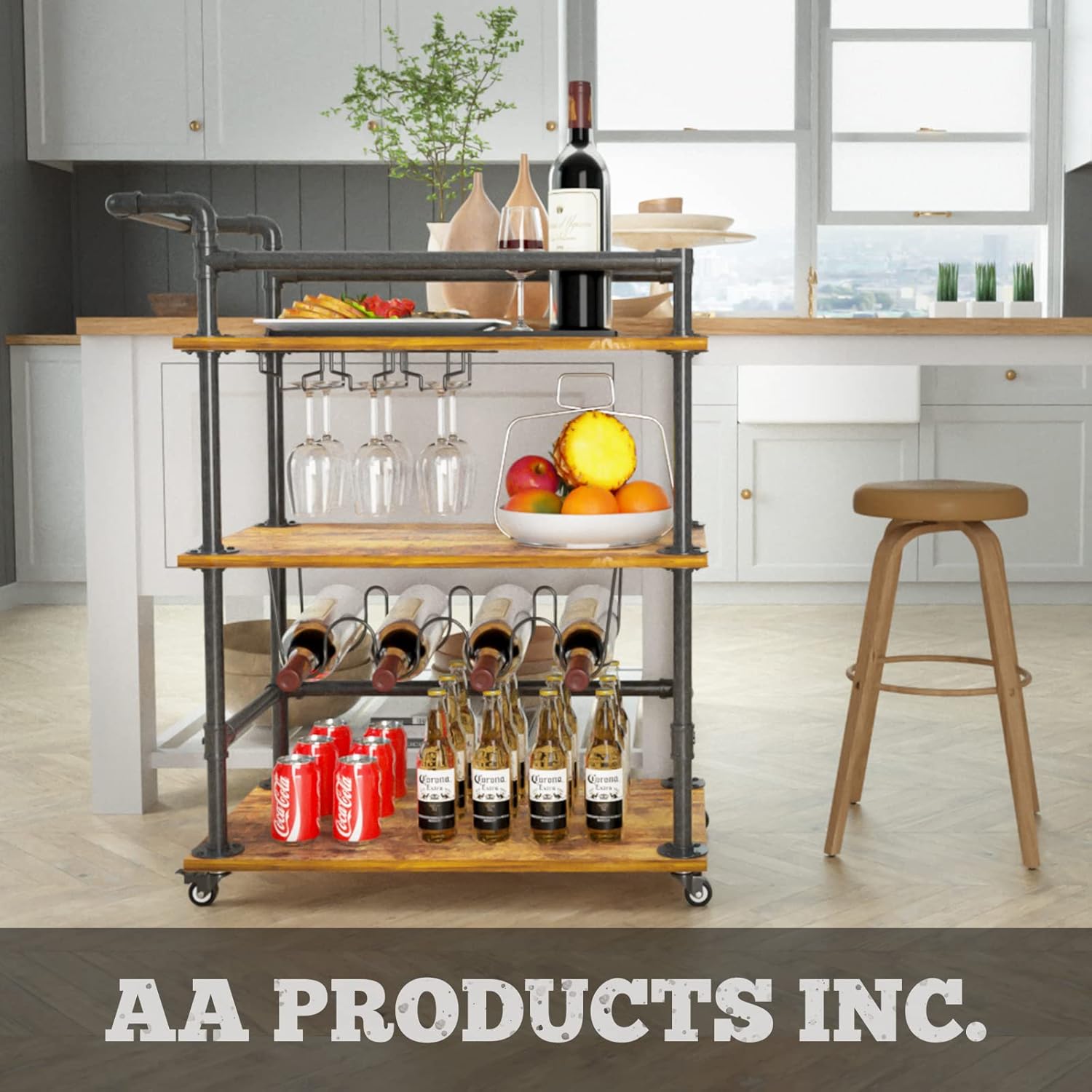 3-Tier Bar Serving Cart with Wheels and Lockable Casters T7448