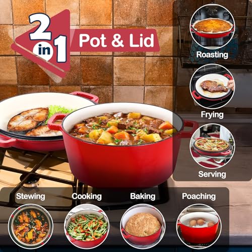 Red 5 QT Enameled Cast Iron Dutch Oven with 2 Quart Skillet Lid Pan Y820