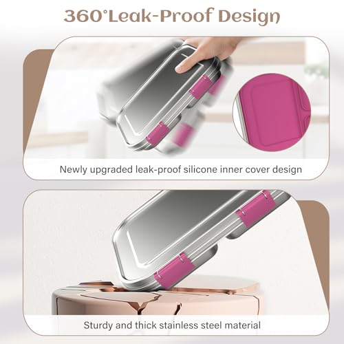 Pink 3 Compartments Leak Proof Stainless Steel Bento Lunch Box N1817
