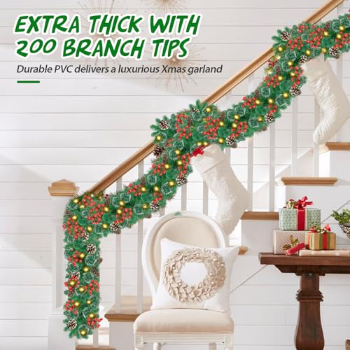 9Ft Pre-lit Christmas Garland with LED Lights Battery Operated, Decorated with Red Flower, Balls, Berries, Snowy Pine B93904