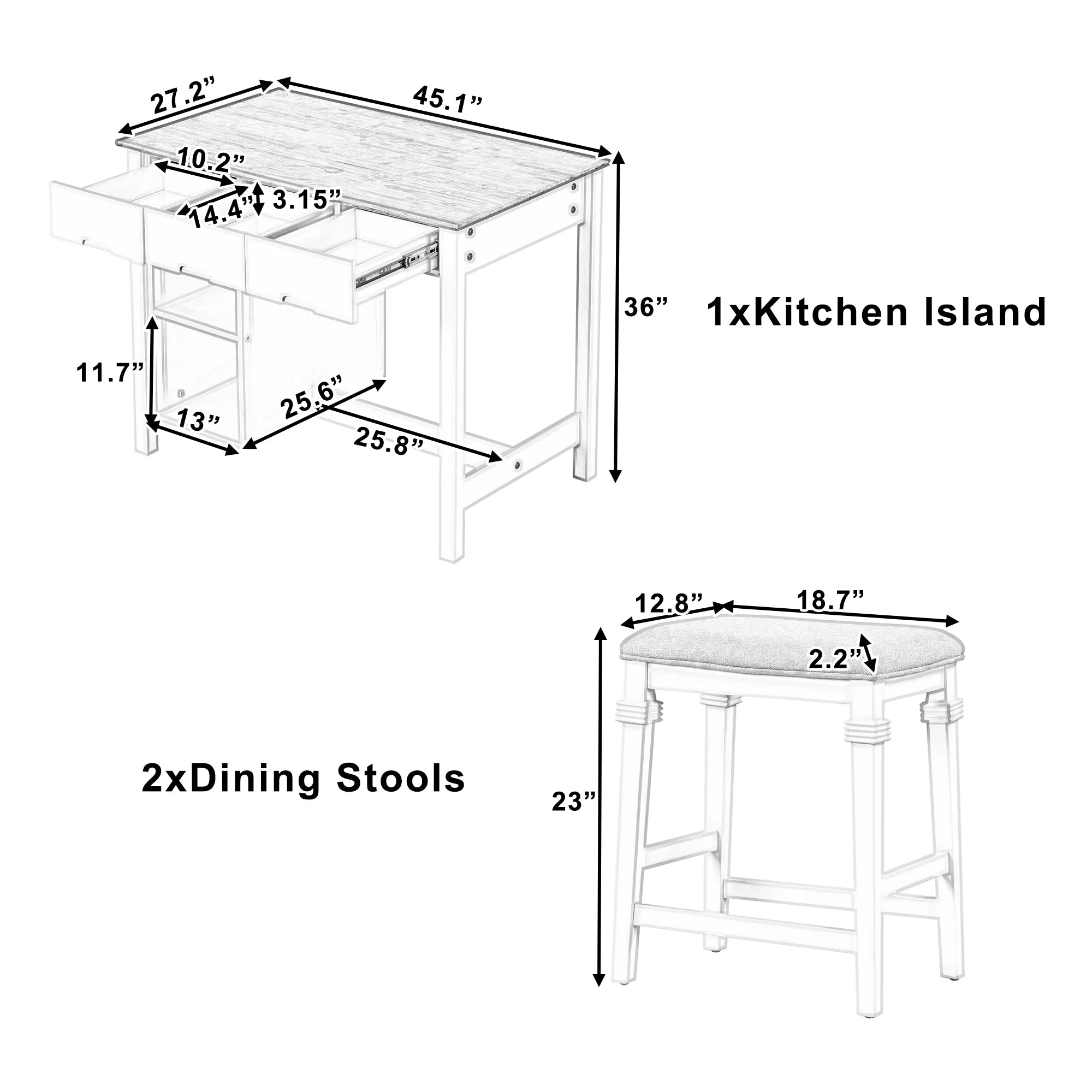 White 3-piece Rubber Wood Kitchen Island Set with 2 Shelves and 3 Drawers M6553