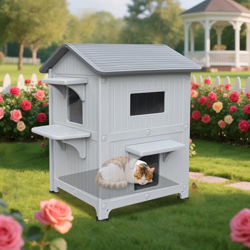 Grey Plastic 2 Story Elevated Cat Shelter with Escape Door P4525