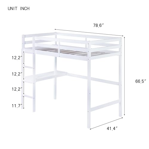 Twin Size Solid Wood Loft Bed Frame with Ladder and Safety Guardrail (White) P903