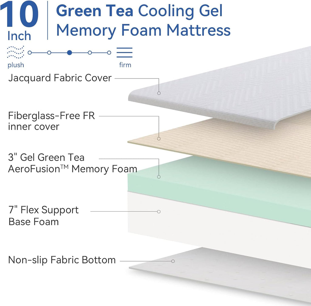 Full Size 10 Inch Cooling Green Tea Gel Medium Firm Memory Foam Mattress R194951