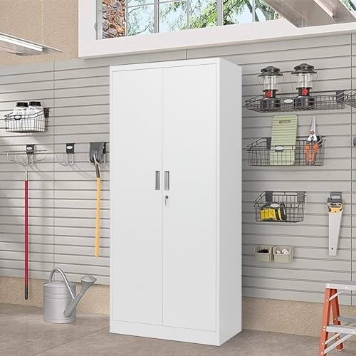 Metal Storage Cabinet with 2 Doors and 5 Adjustable Shelves, 71” White Locking Steel Tool Cabinet B7727