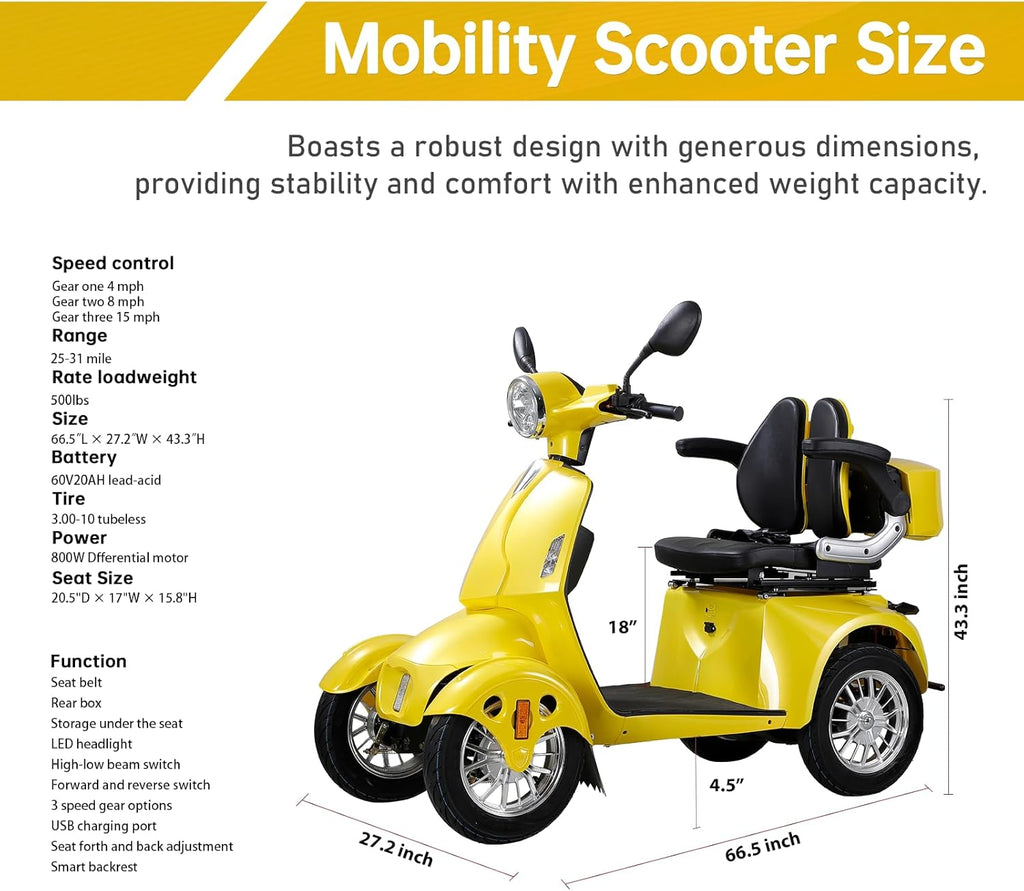 Heavy Duty 4-Wheel 3 Speed Mobility Scooter, 500 lbs. Weight Capacity G924