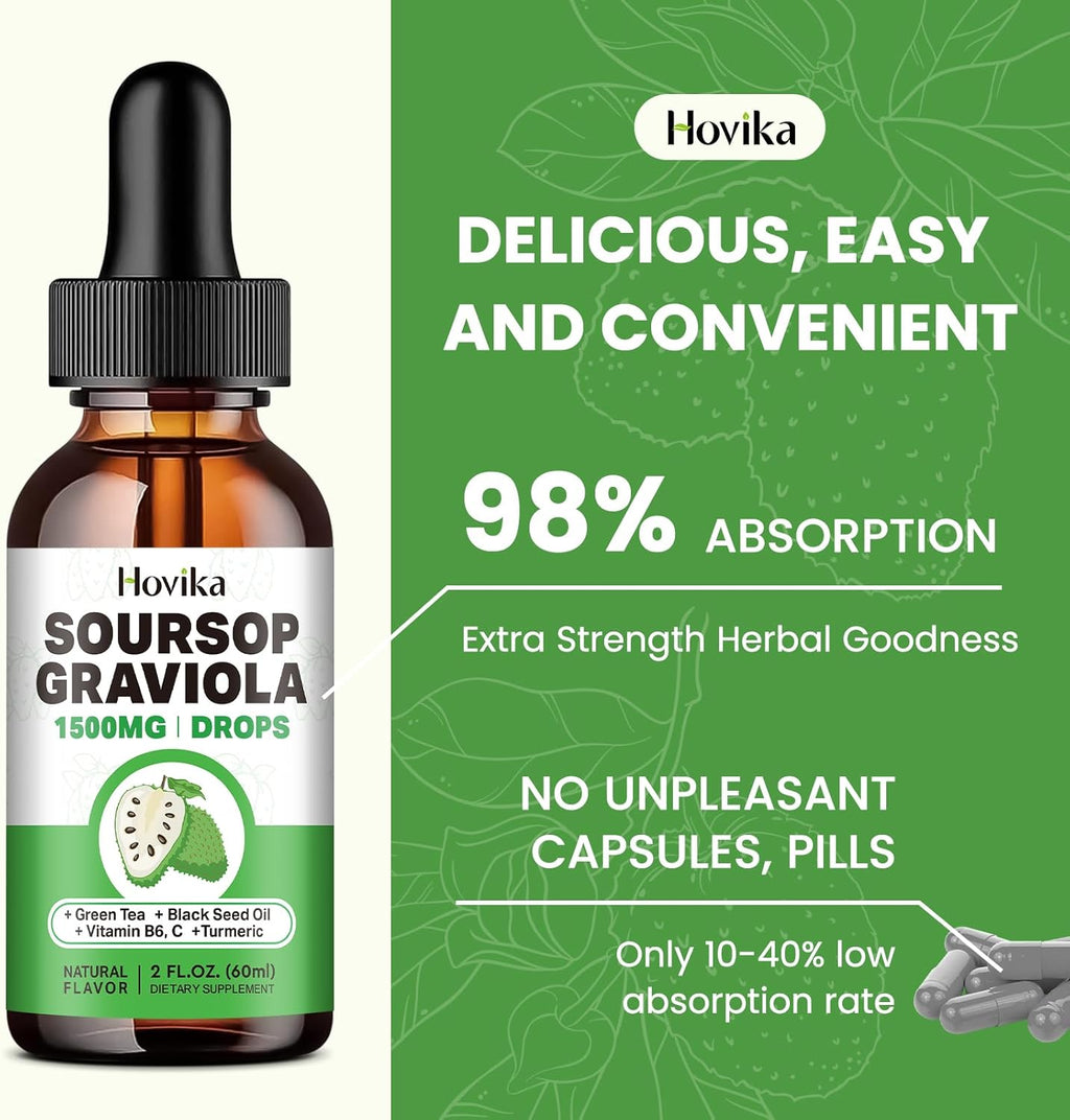 Soursop Graviola Liquid Drops 1500mg with Green Tea, Black Seed Oil, Turmeric, Natural-B Flavor 2 Fl Oz U188513