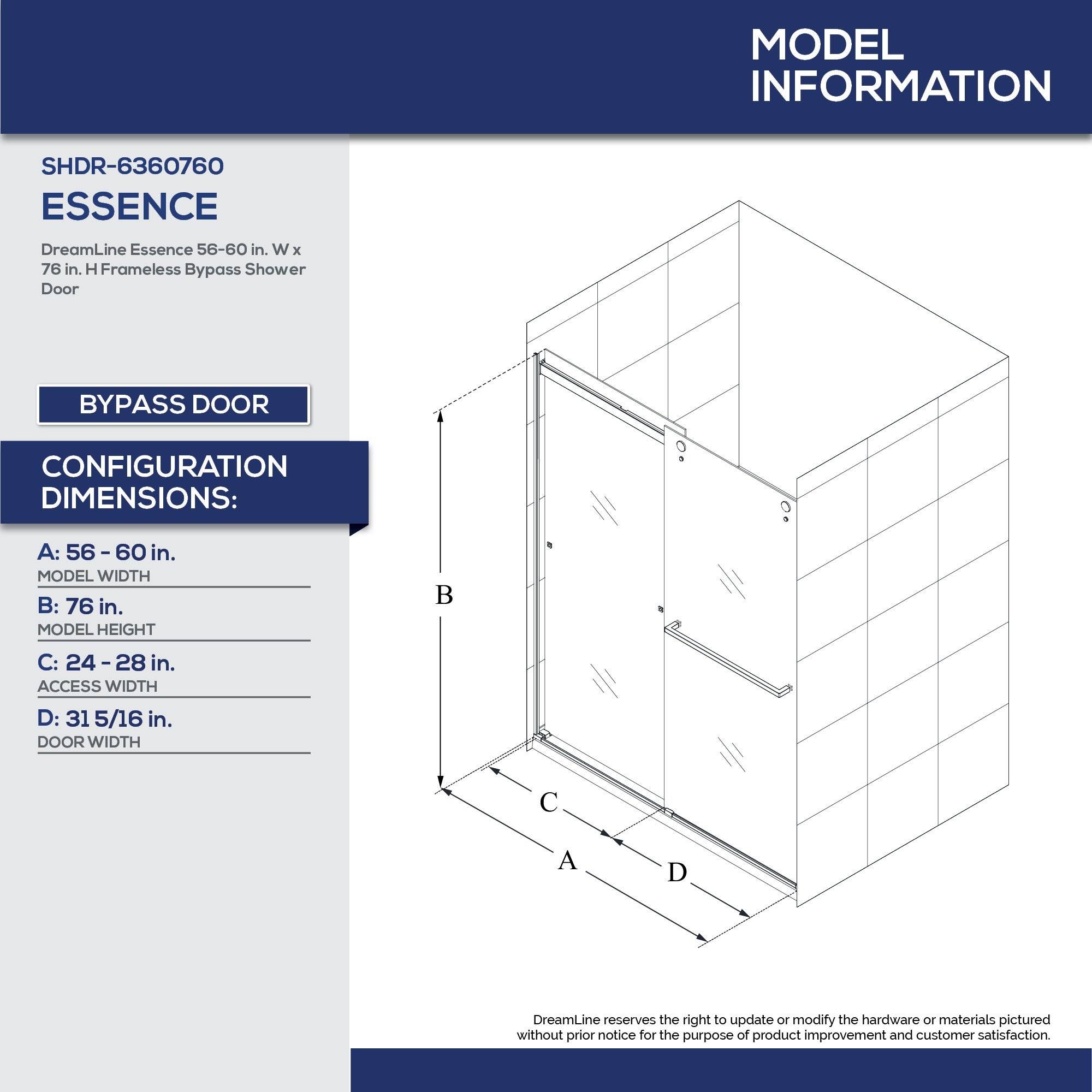 56-60 in. W x 76 in. H Frameless Bypass Shower Door in Satin E121