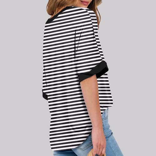 Womens Striped Oversized Short Sleeve Crewneck Tshirts E184