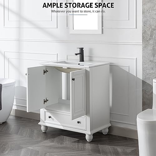 30" Bathroom Vanity Sink Combo with Painted Solid Wood Construction, Undermount Ceramic Sink with Matte Black Faucet & Drain, Pure White X237371