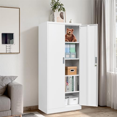 Metal Storage Cabinet with 2 Doors and 5 Adjustable Shelves, 71” White Locking Steel Tool Cabinet B7727