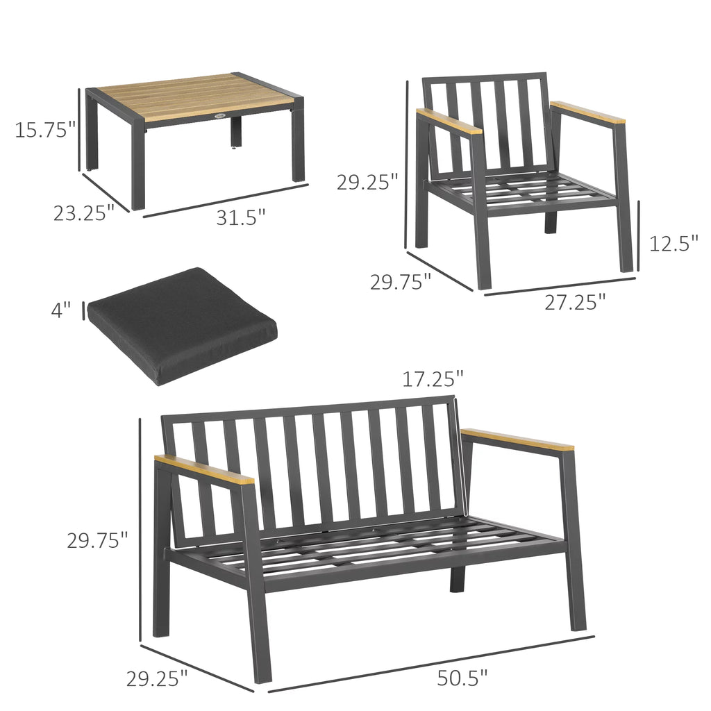 4 Piece Patio Furniture Set with 2 Armchairs, Loveseat Sofa, Center Coffee Table, Cushions, Dark Gray O752