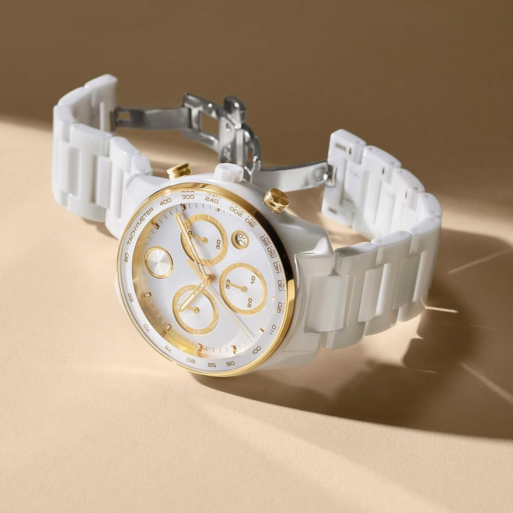 Swiss Quartz Chronograph Ceramic Link Bracelet Sport Watch 44mm C1735