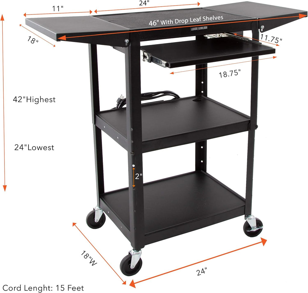 Black Height Adjustable Utility Cart with Drop Leaf Shelves and Pullout Laptop Tray W935493
