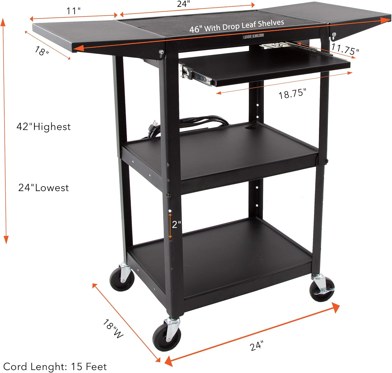 Black Height Adjustable Utility Cart with Drop Leaf Shelves and Pullout Laptop Tray W935493