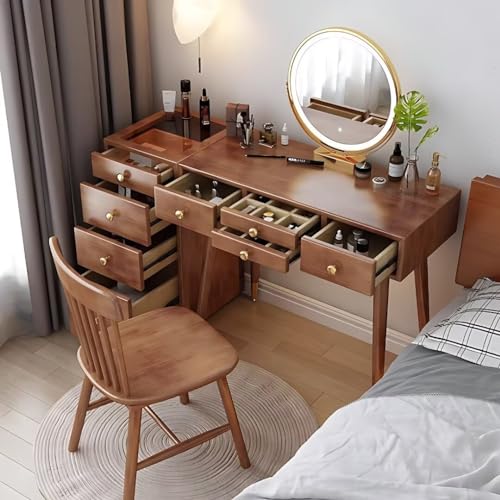 Walnut Color Solid Wood Makeup Vanity Desk with Mirror and LED Lights G60609