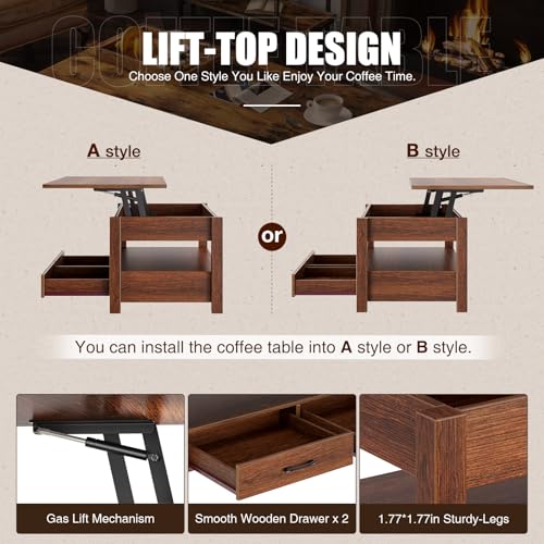 Lift Top Coffee Table with Drawers and Hidden Compartment G712