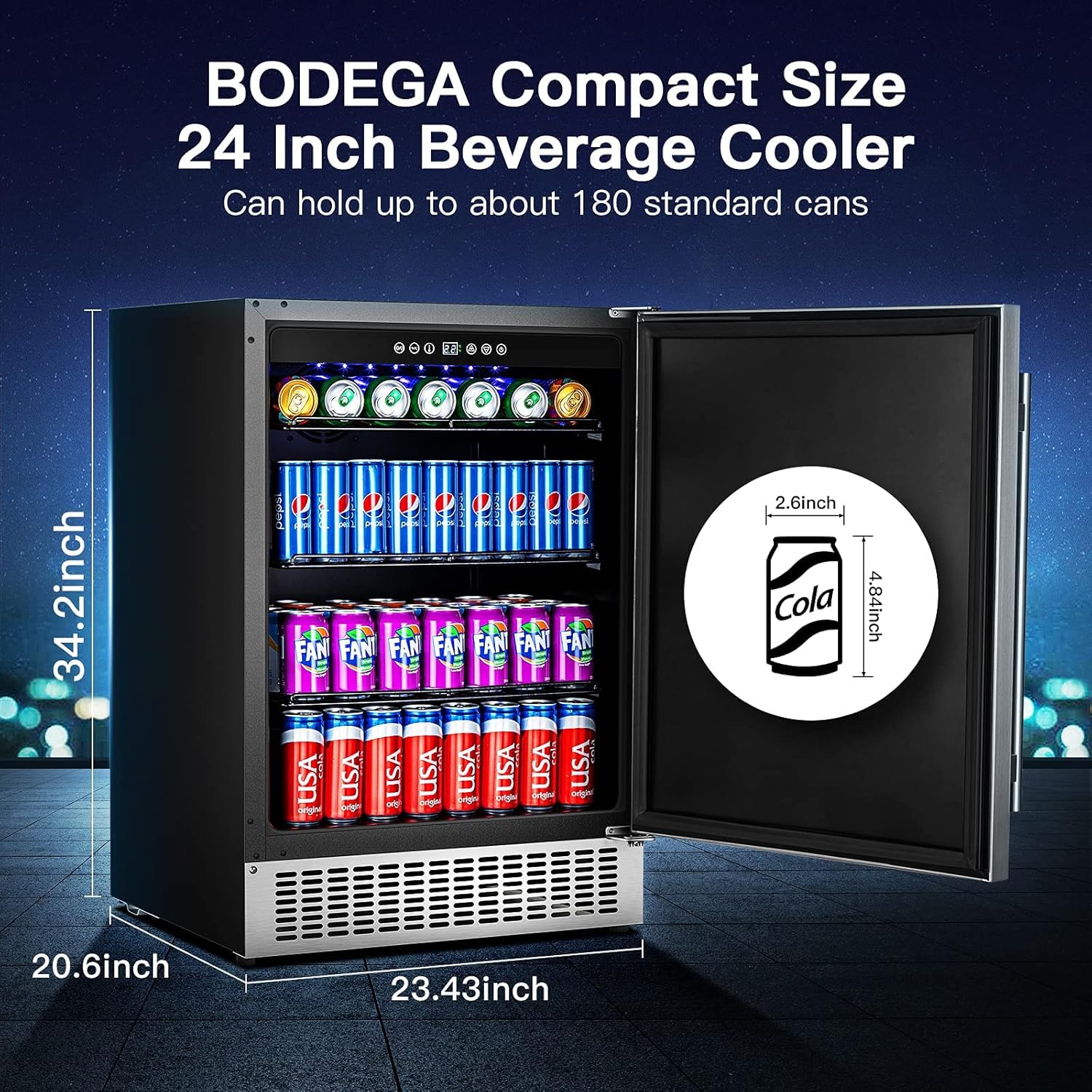 Beverage Cooler 24 Inch, Stainless Steel Under Counter Beverage Refrigerator 180 Cans Y520426