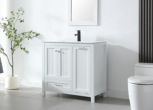 White 36" Bathroom Vanity with Sink and Laundry Hamper, 2 Doors, 1 Drawer C2910
