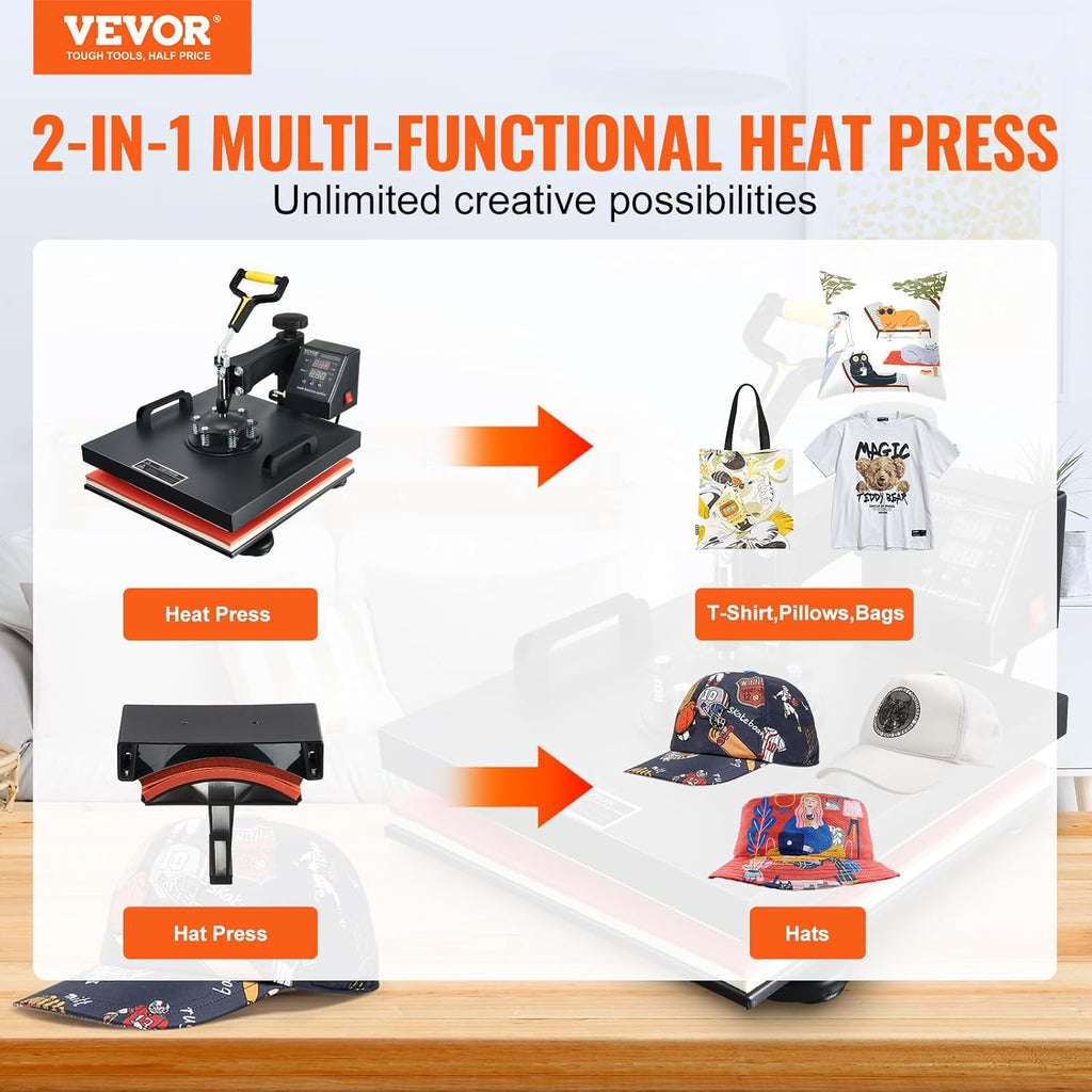 15x15 Heat Press Machine with Hat Press, 360° Swing Away Digital Tshirt Press Machine E75243