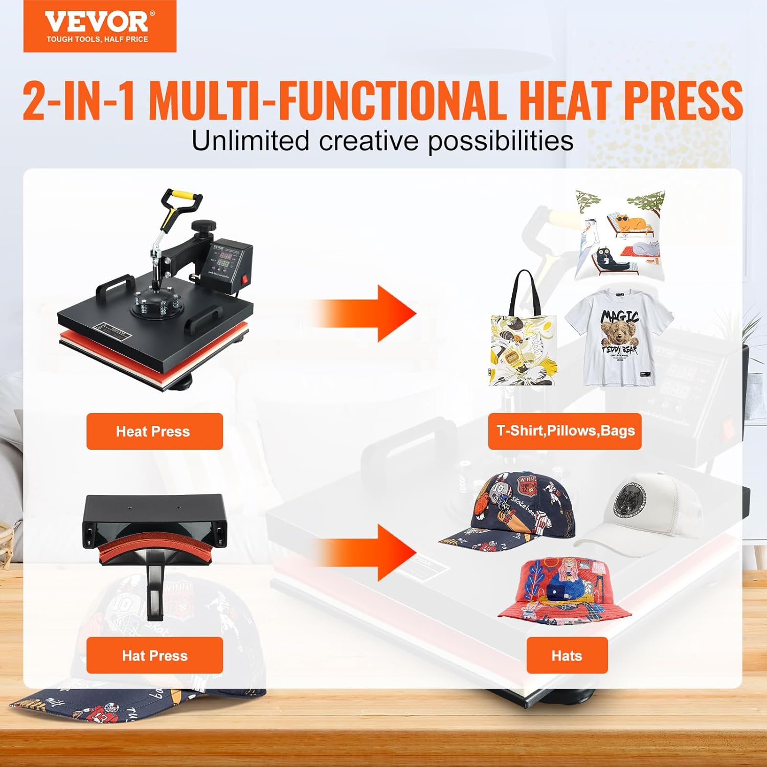 15x15 Heat Press Machine with Hat Press, 360° Swing Away Digital Tshirt Press Machine E75243