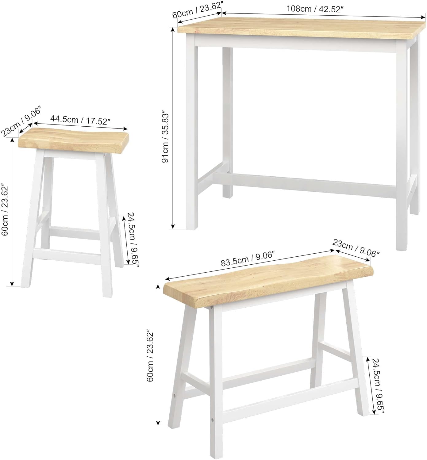 Natural Color & White Rubber Wood Bar Dining Table Set for 4 X157236