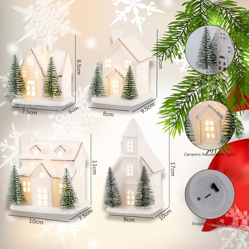 4 Pcs Ceramic Christmas Village Set LED Porcelain Houses with Trees White Snow Tabletop Decor K8007