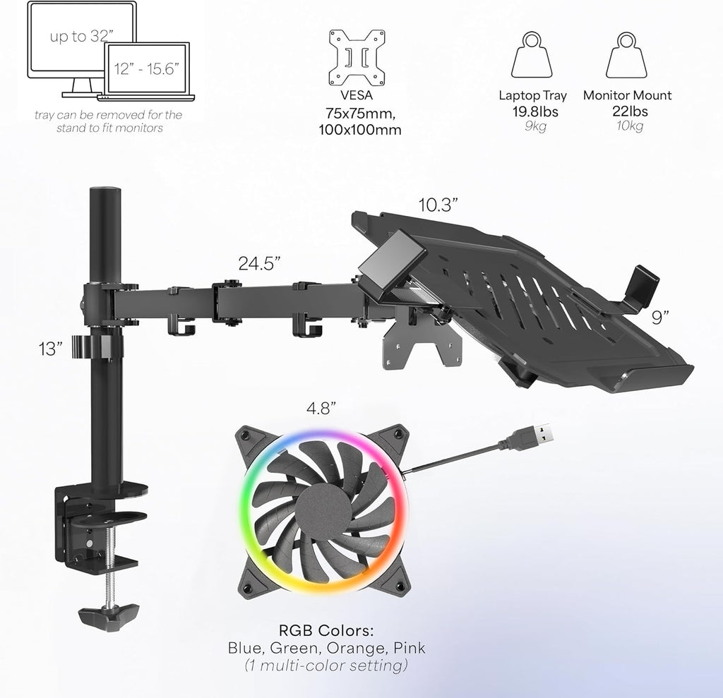 Black Adjustable 12 to 15.6 inch Laptop Desk Mount Stand with RGB Fan Q789592