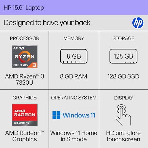 15.6 inch Laptop, HD Touchscreen Display, AMD Ryzen 3 7320U, 8 GB RAM, 256 GB SSD, AMD Radeon Graphics, Windows 11 Home, Natural Silver W63622