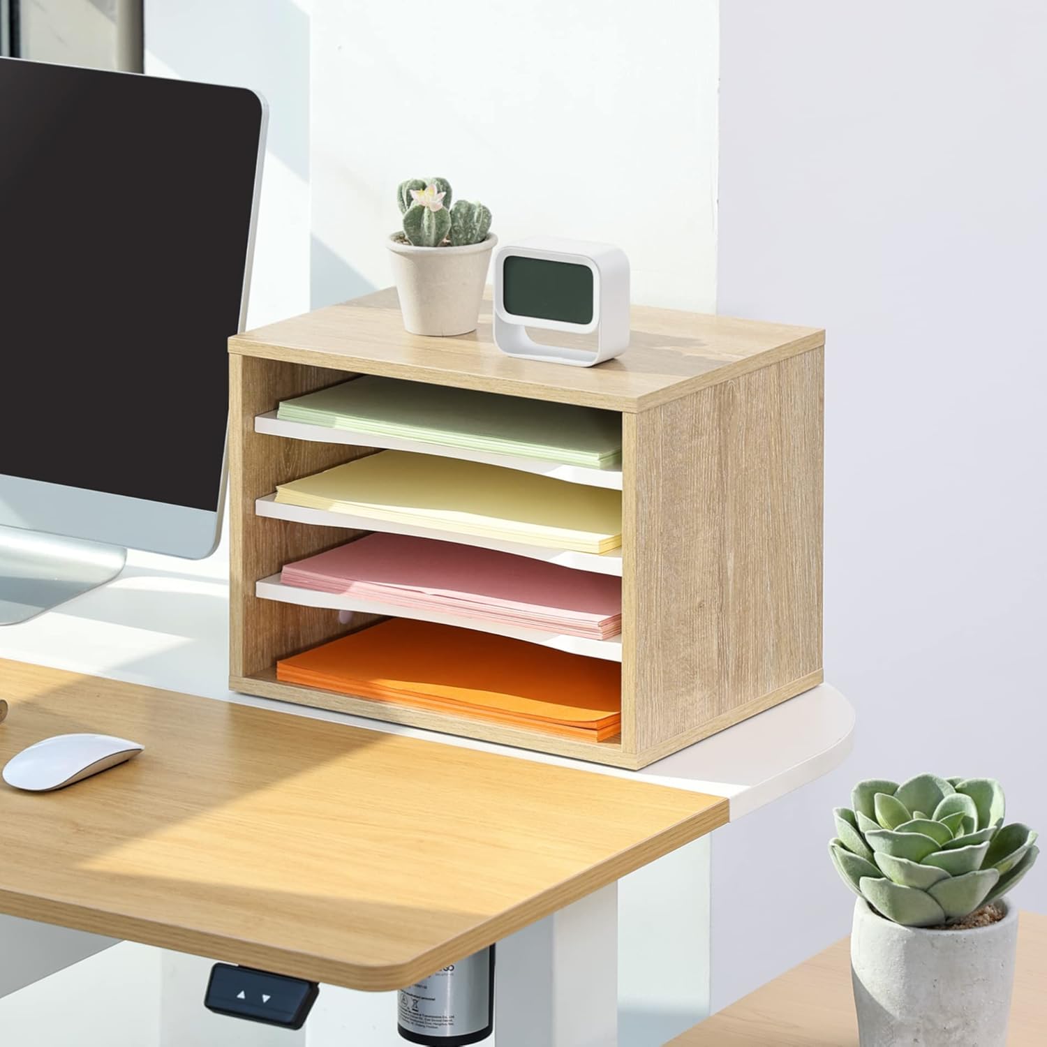 2-Tier Monitor Stand & 4-Tier Desk Paper Sorter Organizer, Light Wood V840