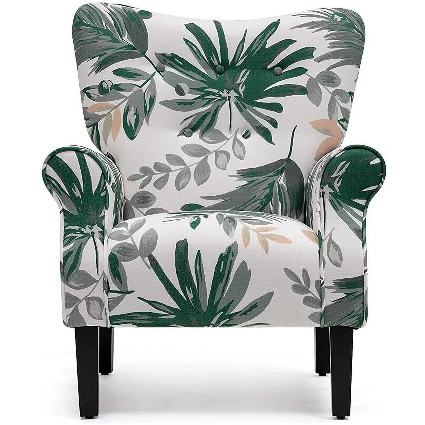 Green Floral Upholstered Fabric Wing Back Arm Chair with Wood Legs N117413