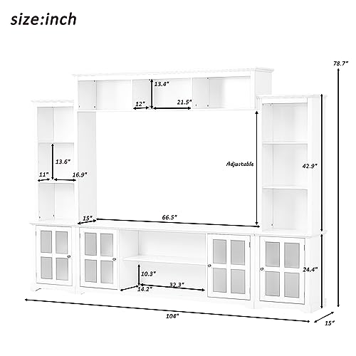White 104" Wide Entertainment Wall Unit with Storage Cabinets and Shelves D66026