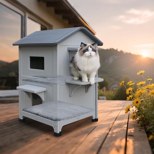 Grey Plastic 2 Story Elevated Cat Shelter with Escape Door P4525