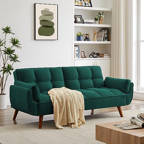 76 Inch Tufted Linen Fabric Convertible Sleeper Sofa with Adjustable Positions and Solid Wooden Legs, Yellow E66757